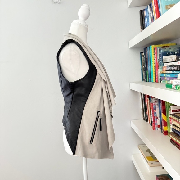 Blanc Noir Faux Leather Vest Zip Pockets Black Beige Moto Small - Picture 4 of 9